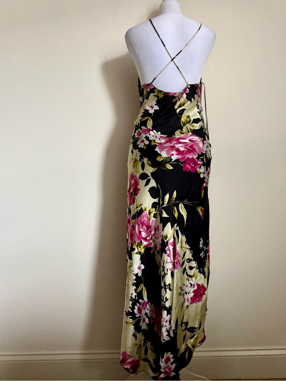 Mary L Couture Black Floral Slip Dress with Pink & Cream Accents 100% Silk - Picture 3 of 12